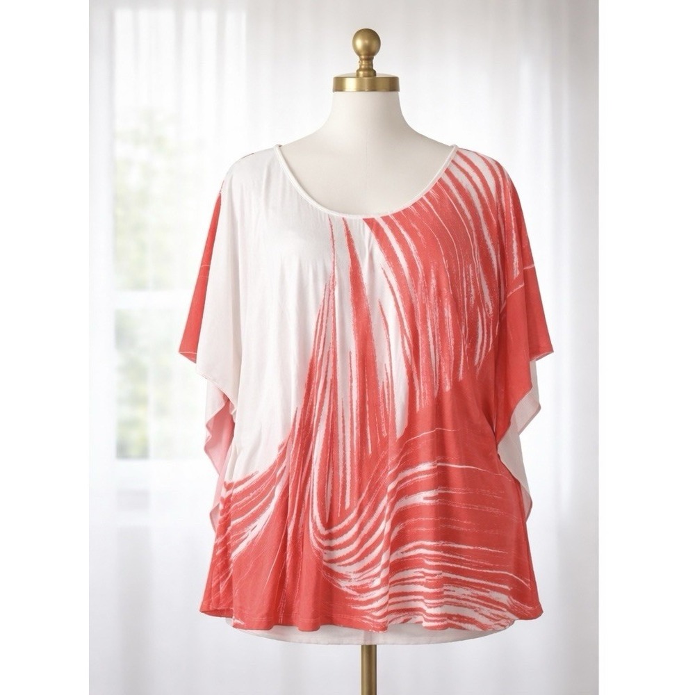 Lane Bryant Blouse Poncho Top Smocked Front Flowy Abstract White Orange 14/16